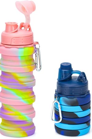 Collapsible Water Bottles, 2 Pack 16oz Silicone Travel Water Bottle Leakproof BPA Free Foldable Sport Water Bottles with Leak proof Twist Cap for Camping,Hiking Outdoor Indoor Sport