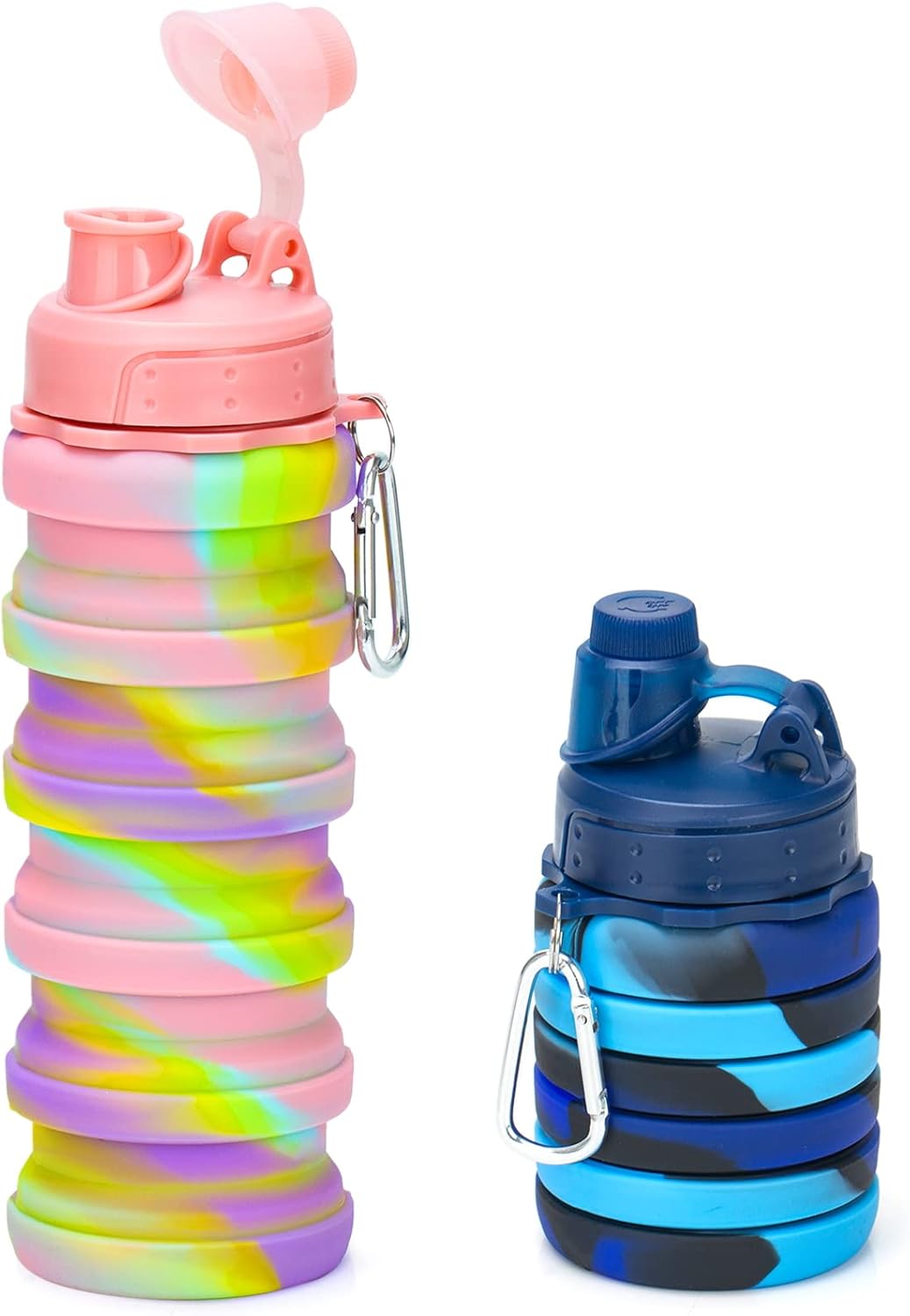 Collapsible Water Bottles, 2 Pack 16oz Silicone Travel Water Bottle Leakproof BPA Free Foldable Sport Water Bottles with Leak proof Twist Cap for Camping,Hiking Outdoor Indoor Sport